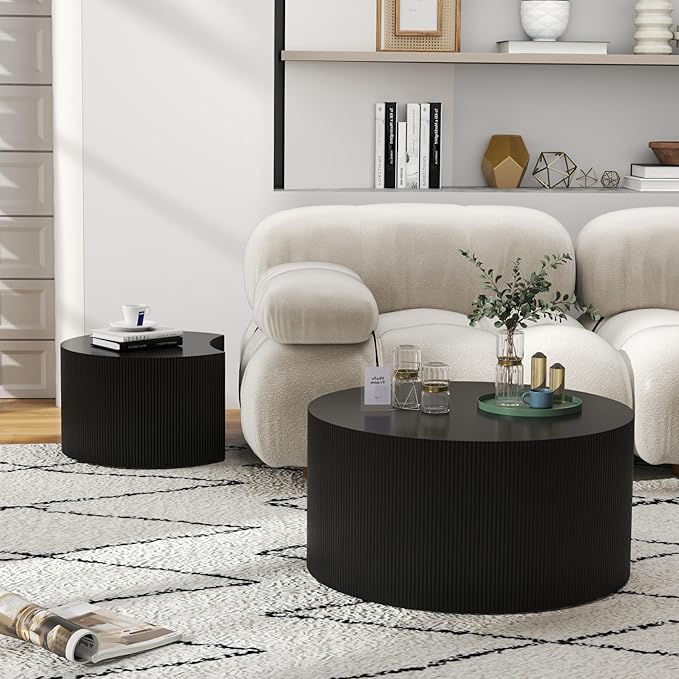 Round Coffee Table Set of 2, Modern Wooden Nesting Coffee Tables for Living Room, No Assembly Required Circle Side Table Set Accent Furniture for Bedroom, Balcony,Office, Black