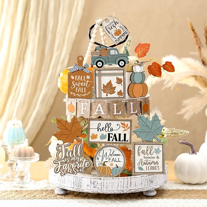 21 Pcs Fall Tiered Tray Decoration Set Thanksgiving Table Sign Pumpkins Farmhouse Decor Gnome Maple Leaves Centerpieces Harvest Wood Blocks Signs Fall Block Tabletop for Autumn(Classic)