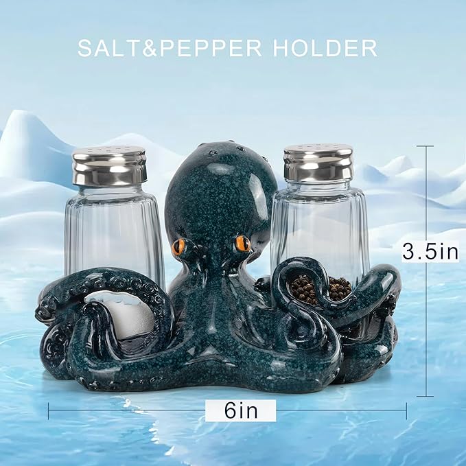 Decorative Octopus Salt and Pepper Shaker Holder, Coastal Kitchen Decor (Octopus)