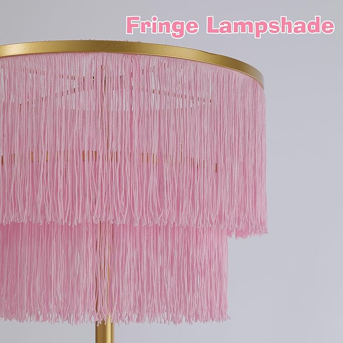 2 Light Gold & Pink Boho Floor Lamp with 2-Tier Tassels/Fringe Lampshade,66" Tall Mid Century Standing Bedroom Lamp,Soft Lighting Nursery Floor Lamp for Bedroom Livingroom