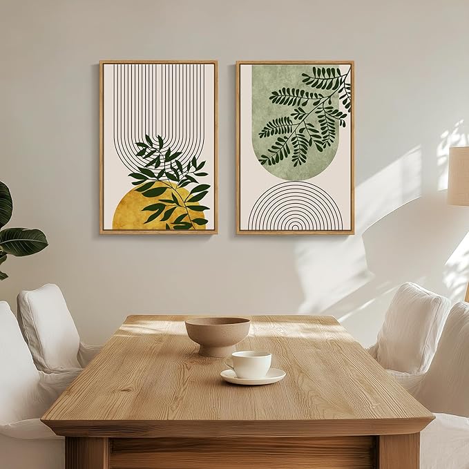 Framed Green Boho Wall Art for Room Decor, Set of 2 Botanical Geometric Artwork for Bedroom Walls, Bohemian Modern Neutral Canvas Paintings Prints for Living Room Office Kitchen Wall Decor, 16x24 Inch