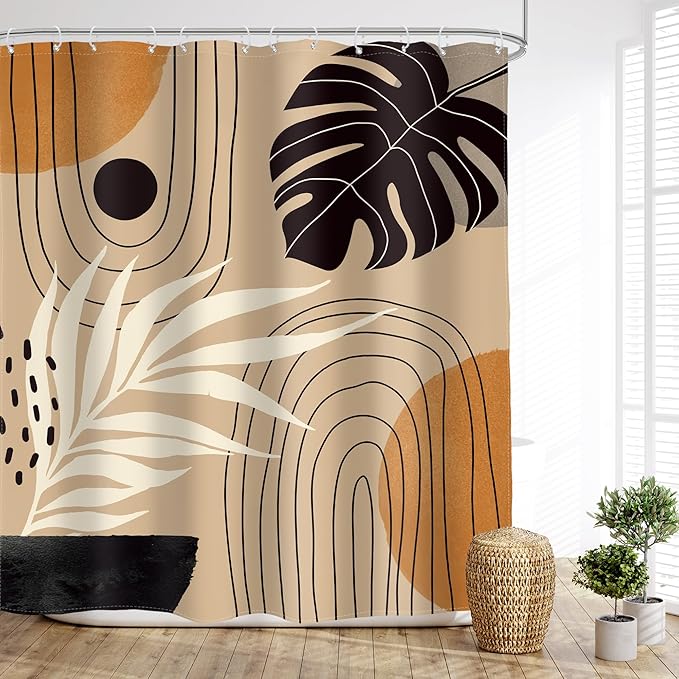 Glawry Boho Yellow Black Shower Curtain Mid Century Abstract Bohemian Tropical Palm Leaf Plant Botanical Bathroom Simple Minimalist 60Wx72L Inches Bath Accessories Art Home Decor Fabric 12 Pack Hook
