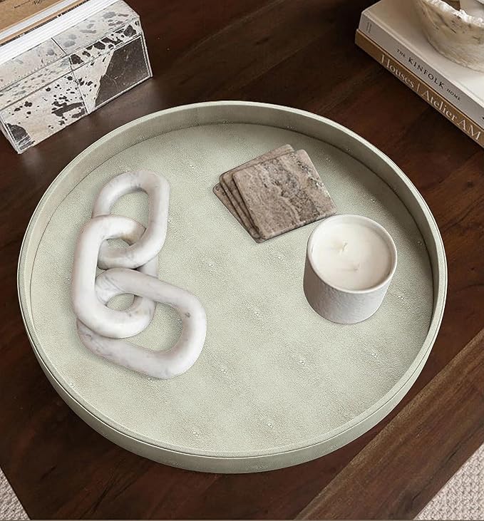 HofferRuffer Large Round Serving Tray 24'', Elegant Faux Leather Circle Ottoman Table Tray, Serve Tea Coffee Breakfast in Bedroom Living Room Kitchen (Cream White)