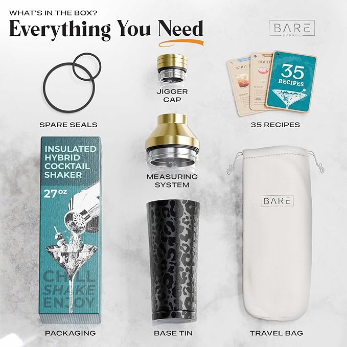 Insulated Cocktail Shaker Set | Double Wall Stainless Steel | Martini Shaker for Home Bar Bartending | Built-in Drink Measurement System & Strainer, Travel Bag, 35 Recipes | Gift Set (Leopard Gold)