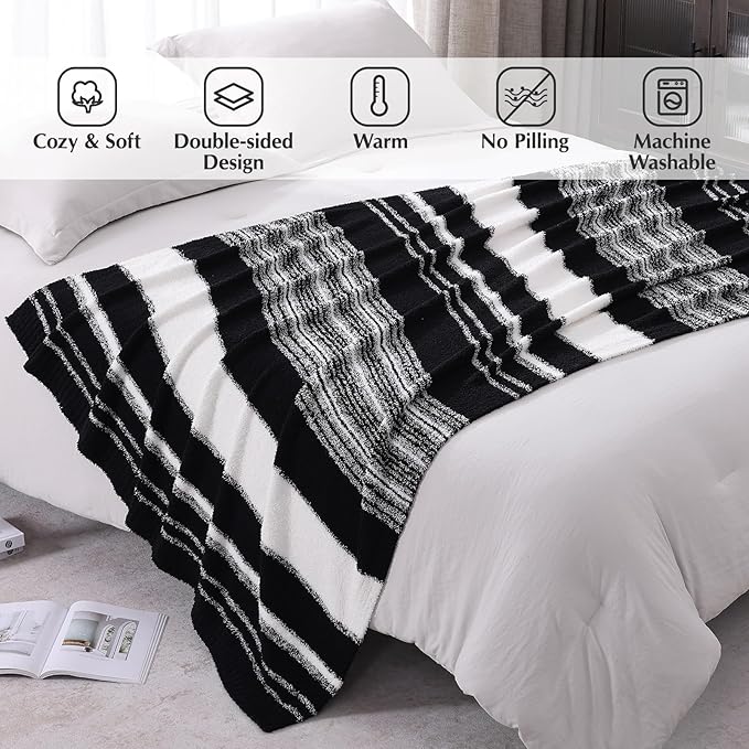 WRENGONGE Black White Throw Blanket, 50x70 Soft Cozy Striped Throw Blankets for Couch, Sofa, Bed, Travel, Lightweight Fluffy Warm Plush Decorative Blankets for Women, Men,Kids Gift