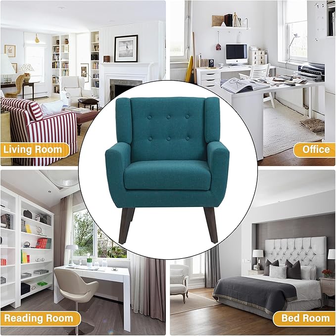 UIXE Accent Chair Modern Arm Chair, Mid Century Upholstered Club Armchair, Comfy Single Lounge Sofa Living Room Button Tufted Armrest Reading Seat Bedroom Side Seating, Turquoise Blue