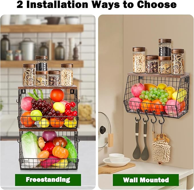 Livabber Fruit Basket for Kitchen, Metal Fruit Vegetable Storage Bin with 2 Banana Hangers, Countertop Wire Basket Organizer for Snack Potato Onion, Screw Mounted or Stand (Black, 2 Pack)