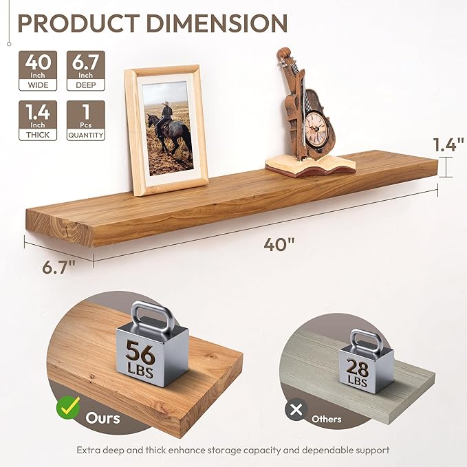 Marsmiles 40 inch Floating Shelves for Wall Solid Elm Wood Wall Mounted Shelves|Rustic Long Floating Shelves with Invisible Bracket for Bathroom Living Room Kitchen|Natural, 1 Pack