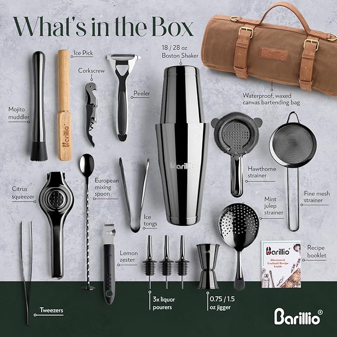 Barillio Bartender Kit Bag with Black Cocktail Shaker Set - Waxed Canvas, Traveling Bar Tools Bag with 17-Pc Cocktail Kit - Travel Mixology Bartending Kits - Mobile Bar Roll with Strap & Accessories