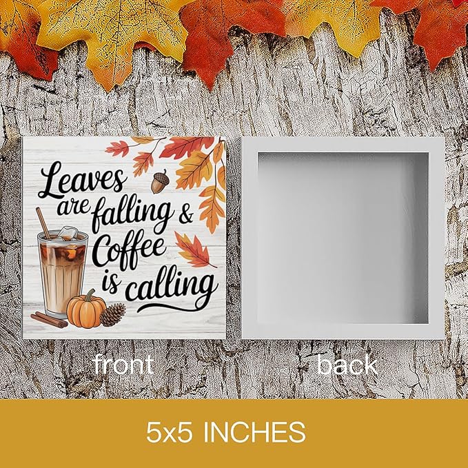 HTBIG Autumn Decor leaves Are falling & coffee Is Calling Wooden Box logo Office Table Bookshelf Decor Suitable For Country Style Farmhouse Coffee Station Desktop Use 5 x 5 Inch
