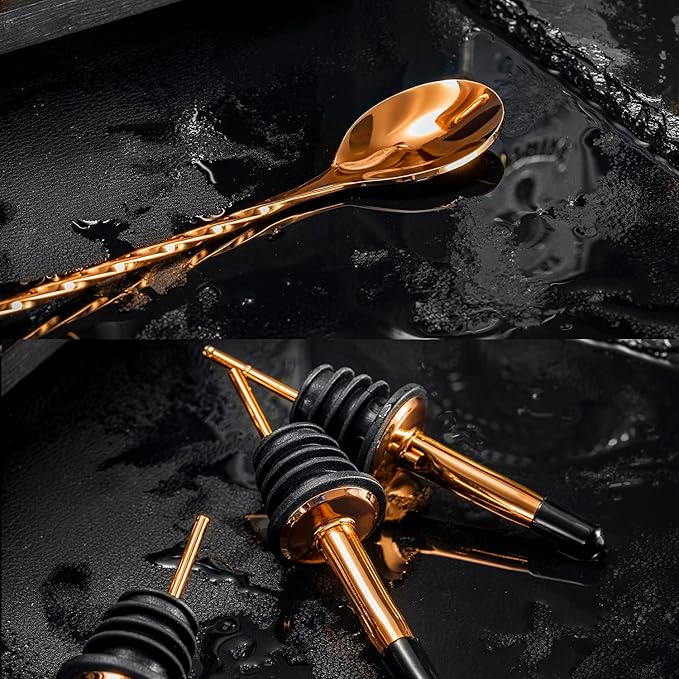 Soing 24-Piece Cocktail Shaker Set,Perfect Home Bartender Kit for Drink Mixing,Stainless Steel Bar Tools with Stand,Velvet Carry Bag & Recipes Cards Included (Rose copper)