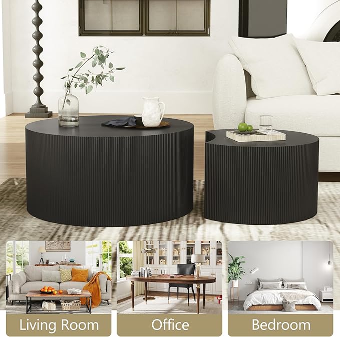 Round Coffee Table Set of 2, Modern Wooden Nesting Coffee Tables for Living Room, No Assembly Required Circle Side Table Set Accent Furniture for Bedroom, Balcony,Office, Black