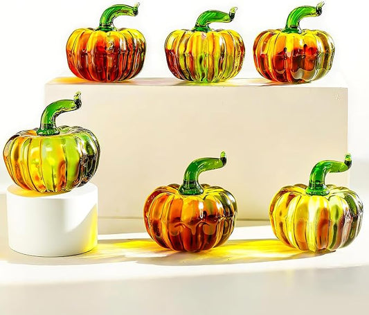 H&D HYALINE & DORA 6 Pcs Blown Glass Pumpkin Figurines Crystal Halloween Pumpkin Paperweight for Home Fall Harvest Thanksgiving Halloween Decor