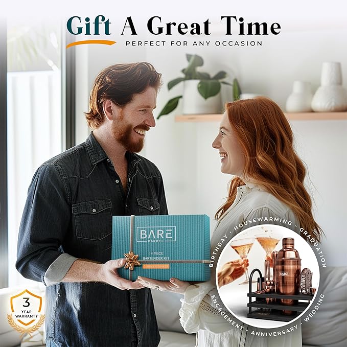 BARE BARREL® Mixology Bartender Kit Bar Set | 14-Piece Cocktail Shaker Set | Martini Barware Mixing Tools for Home Bartending | 35 Recipe Cards | Gift Set (24oz Cobbler Shaker, Copper/Black)