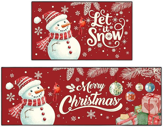 Christmas Snowman Kitchen Rugs Non-Slip Holiday Floor Mats 2 Piece Set Vintage Decor Soft Absorbent for Sink Front 17x30 and 17x47 Inches