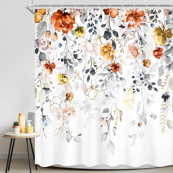 Yellow Orange Floral Shower Curtain 60Wx72L Inch Flower Pastel Watercolor Rustic Eucalyptus Leaf Bathroom Set Country Plant Botanical Shabby Bath Curtain Bathtub Accessories Home Decor