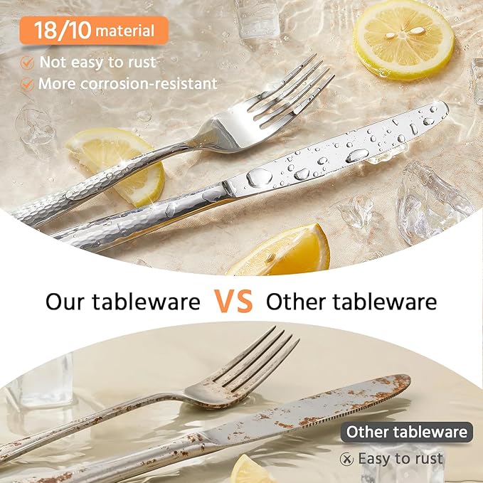 Kingstone Hammered Silverware Set, 5-Piece Flatware Set for 1, 18/10 Stainless Steel Heavy Duty Cutlery Set, Mirror Polished Utensil Sets for Home, Restaurant, wedding, Dishwasher Safe