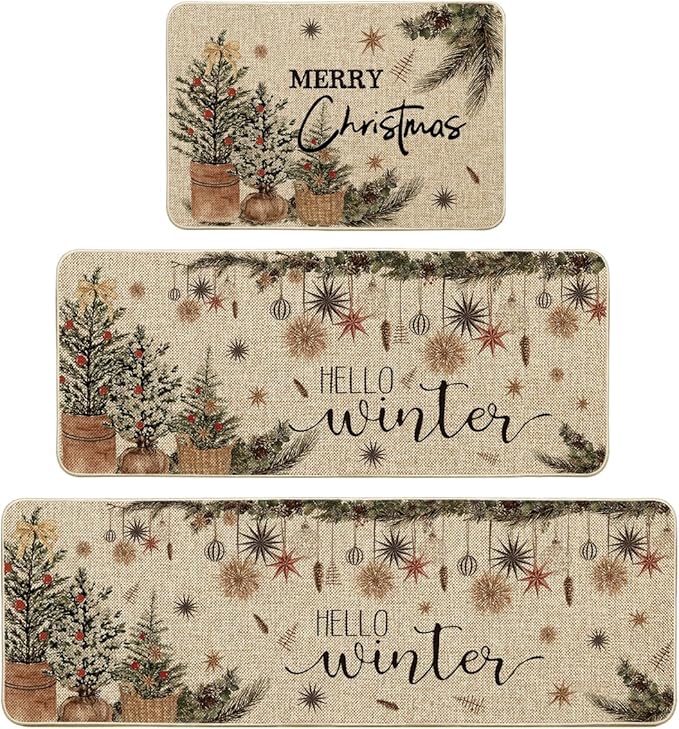 Artoid Mode Holly Ornament Merry Christmas Kitchen Mats Set of 2, Winter Home Decor Low-Profile Kitchen Rugs for Floor - 24"x36"+24"x59"+24"x72"