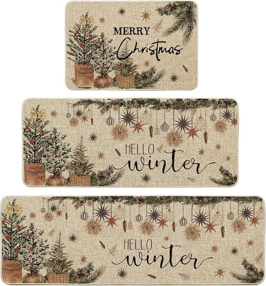 Artoid Mode Holly Ornament Merry Christmas Kitchen Mats Set of 2, Winter Home Decor Low-Profile Kitchen Rugs for Floor - 24"x36"+24"x59"+24"x72"