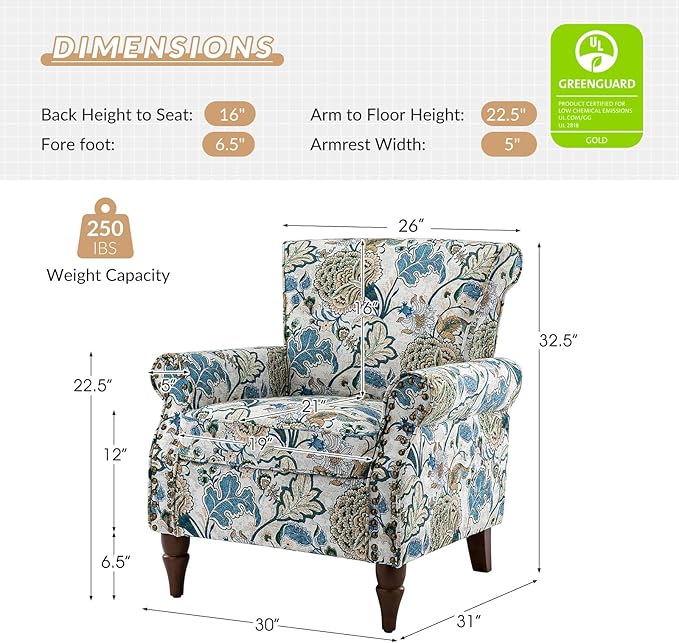 HULALA HOME Modern Wingback Accent Chairs Set of 2 with Wood Legs & Removable Cushion, Comfy Upholstered Armchairs with Nailhead Trim, Floral Pattern Single Sofa Chairs for Living Room Bedroom, Green