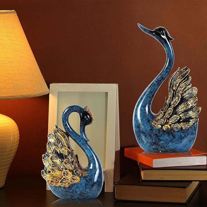 2pcs Swan Statues Couple's Home Decorations for Living Room Decor and Accessories, Sculptures Home Decor for Coffee Table, Book Shelf Decor Accents (Blue)