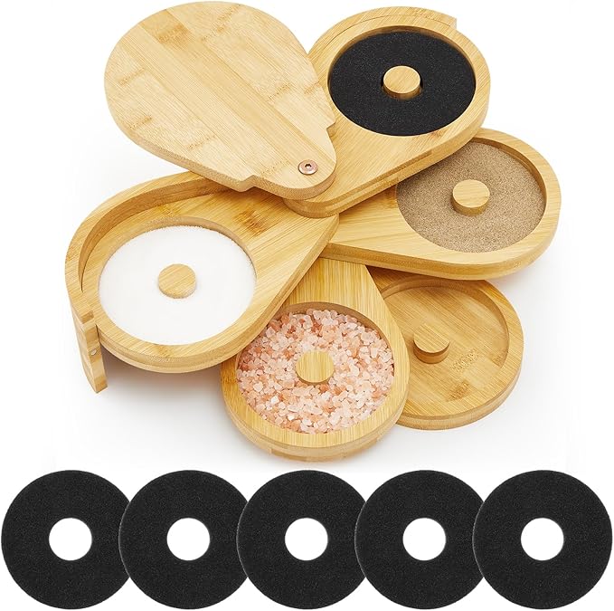 Mifoci Bamboo 5 Tier Margarita Salt Rimmer Set Salt and Sugar Glass Rimmer Set with Lid and 5 Sponges Home Bar Accessories for Cocktails Drinks House Party Bartender Supplies