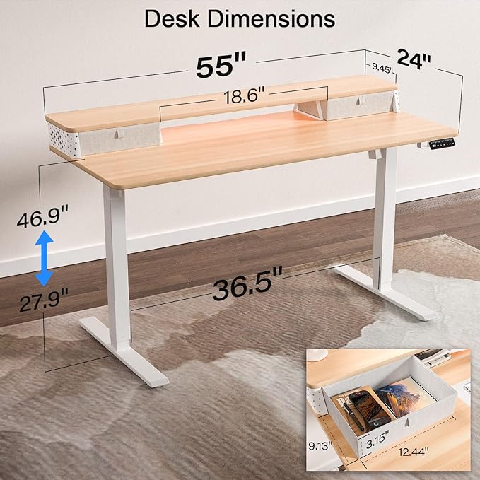 55 x 24 Inch Standing Desk with 2 Drawers, Easily Assembled Height Adjustable Desk, Ergonomic Sit to Stand Electric Desk for Home Office Workstation, Natural