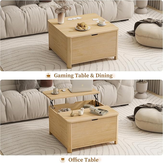 LYNCOHOME Fluted Lift Top Coffee Table with Storage, Square Coffee Tables for Living Room, Coffee Table with Large Hidden Storage Compartment and Adjustable Shelves，Natural