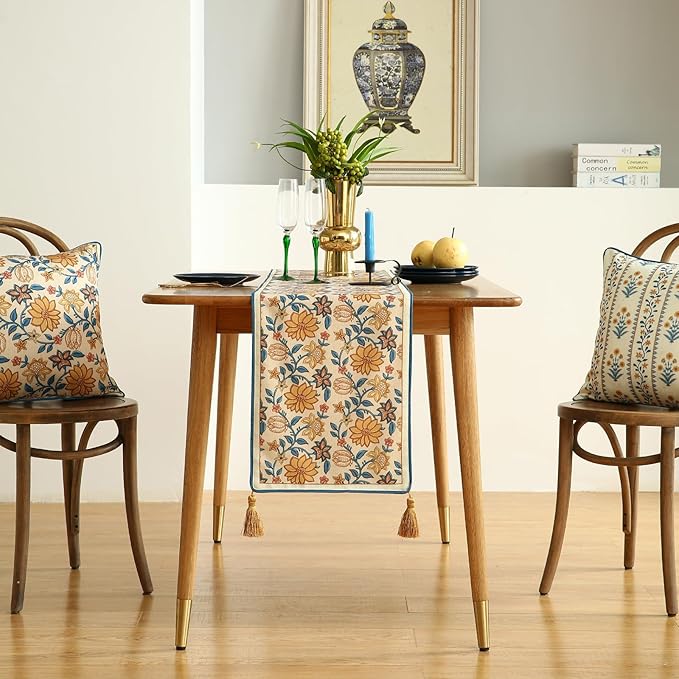 ISAENNE Designer Bohemian Elegant Linen Table Runner 87 Inches Long,Floral Pattern Duable Decor Table Runners for Dining Tables,Thanksgiving,Kitchen Tables,Christmas,12"*87"-Estevan B