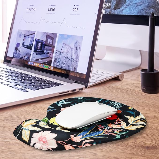 JIKIOU Mouse Pad, 2 Pack Ergonomic Mouse Pads with Comfortable Gel Wrist Rest Support and Smooth Cloth, Non-Slip PU Base for Easy Typing Pain Relief Durable and Easy to Clean Small Black Flowers