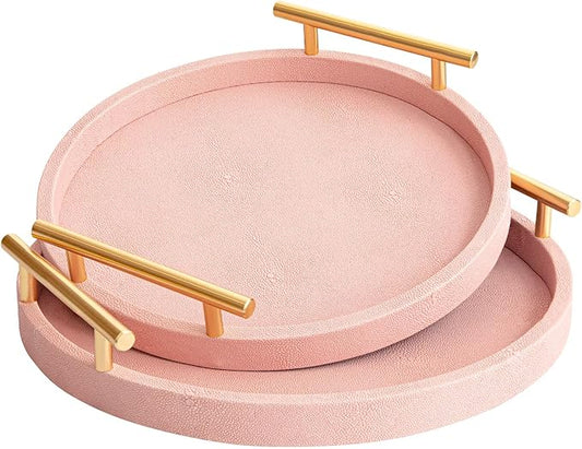 Modern Decorative Tray, Set of 2 Round Shagreen Serving Tray with Gold Polished Metal Handles, Coffee Table Ottoman Trays Perfume Trays Living Room Bathroom Home Decor (Pink)