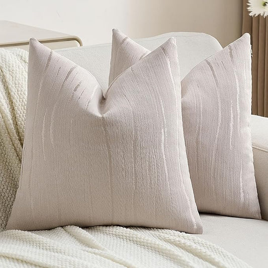 FUTEI Beige Chenille Decorative Throw Pillow Covers 22x22 Inch Set of 2,Soft Embossed Striped Textured Cushion Case,Modern Home Decor for Couch Bed Living Room