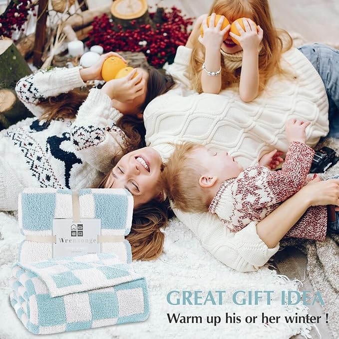 WRENSONGE Checkered Throw Blanket, Sky Blue Soft Cozy Fluffy Warm Hand Made Throw Blankets for Couch, Sofa, Chair, Bed, Camping, Picnic, Travel Lightweight Bed Blanket - 50"*70"