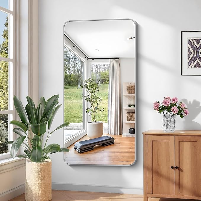 KOCUUY Silver Bathroom Mirror, 30 x 55 inch Metal Frame Mirror with Rounded Corner, Rectangle Design of Upgraded Shatterproof Glass for Bathroom, Bedroom, Living Room, Entryway