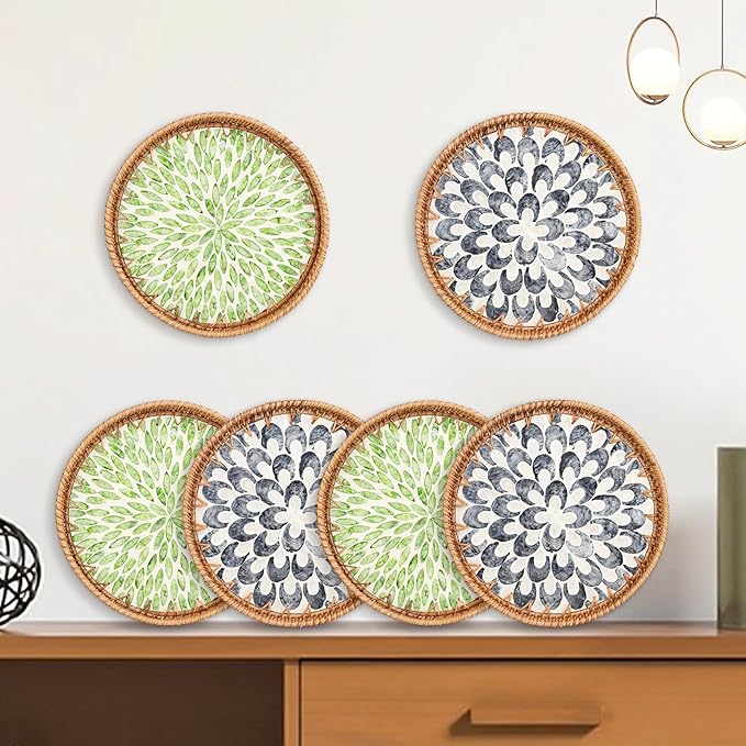 Round Rattan Serving Tray with Mother of Pearl Inlay & Coaster, Boho Wicker Basket, Decorative Coffee Table Tray for Table Decor, Storage and Display of Coffee Bread Fruit (Leaf)