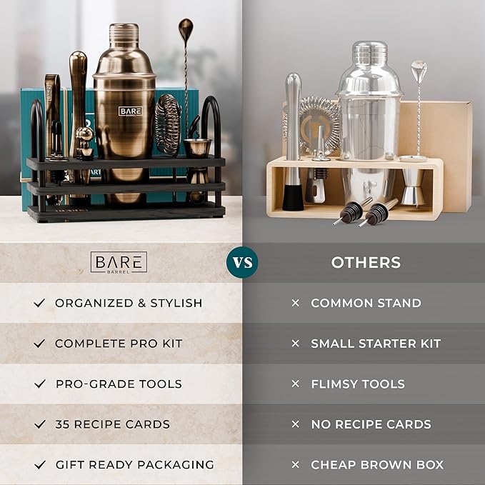 BARE BARREL® Mixology Bartender Kit Bar Set | 14-Piece Cocktail Shaker Set | Martini Barware Mixing Tools for Home Bartending | 35 Recipe Cards | Gift Set (24oz Cobbler Shaker, Brass/Black)