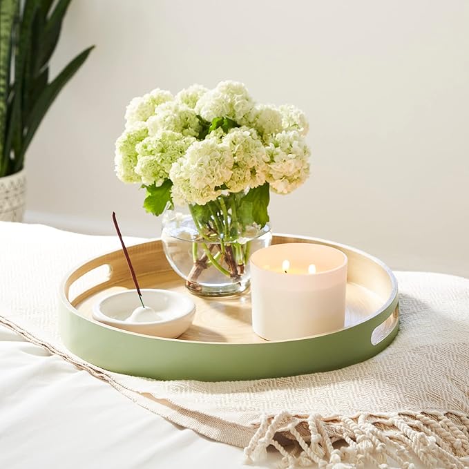 Spun Bamboo Round Serving Tray, Sage, 13.75 Inches