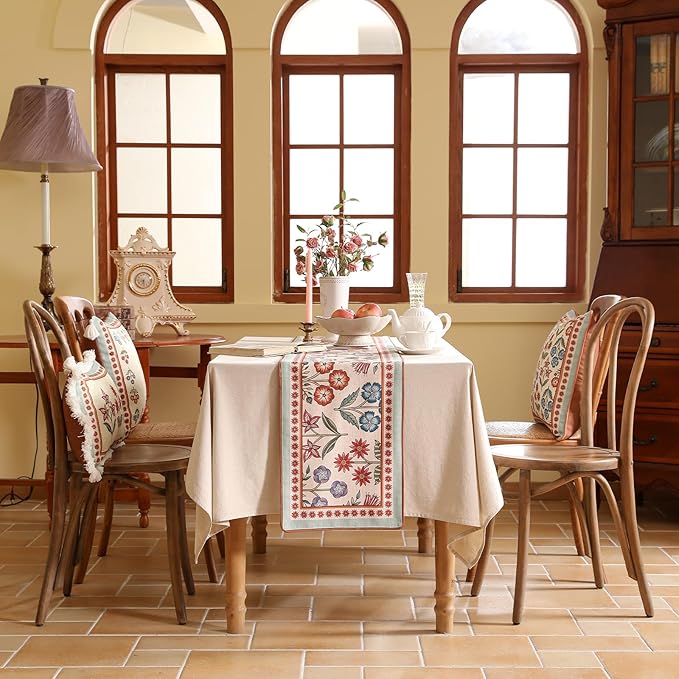 Decorative Linen Small Table Runner 63 Inches Long,Green Floral Rustic Fall Runner for Table Decor Tabletop Table Runners for Kitchen,Dining,Party,Home,Christmas,12"*63"