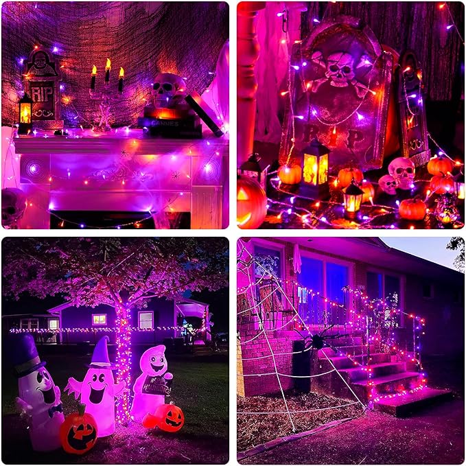 JMEXSUSS 2 Pack Orange Purple Battery Operated Halloween Lights, Each 33ft 100 LED Battery Powered String Lights with Remote Outdoor Indoor