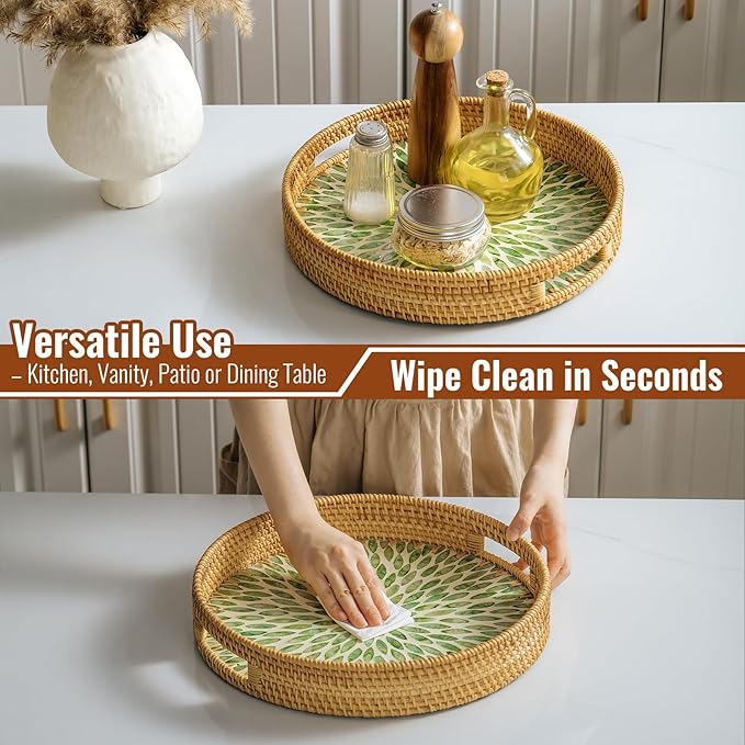 13.8 in Round Rattan Serving Tray with Handle, Mother of Pearl Inlay Wooden Base, Decorative Wicker for Table, Kitchen Island & Home Decor (Green Leaf)
