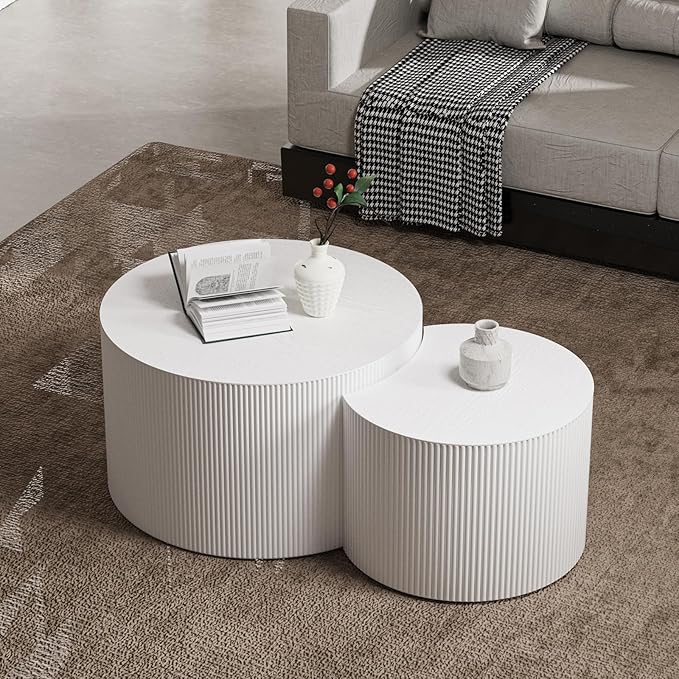 Nesting Coffee Table Set of 2 Modern Round Coffee Table with Non-Slip Feet Wood Drum Circle Accent Tables End Table Set for Living Room Bedroom Office (White Crescent Set)