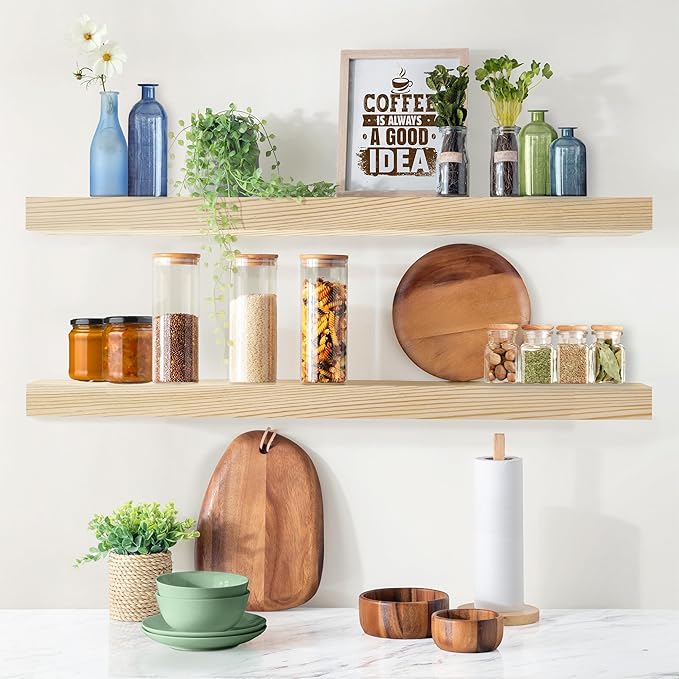Sorbus Wood Floating Shelves for Wall - 35” Solid Wood Shelves for Bathroom Decor, Books, Bedroom & Living Room - Set of 2 Natural Wall Mounted Kitchen Shelves - Durable Solid Pine