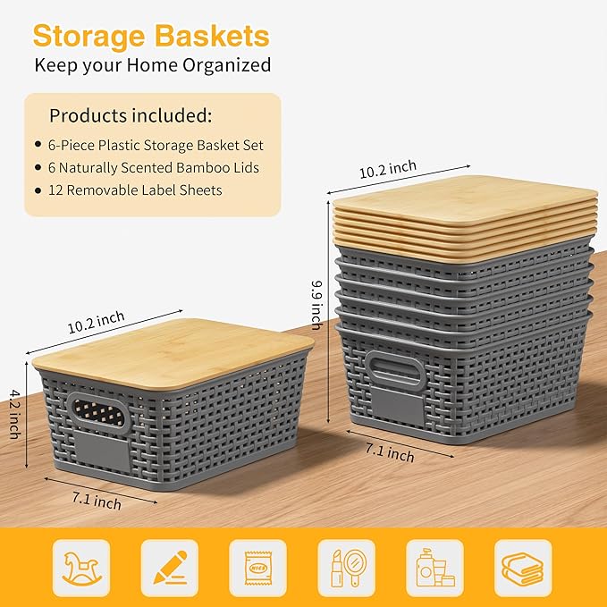 6 Pieces Gray Plastic Storage Baskets with Bamboo Lids with Labels Stackable Storage Containers for Organizing Shelves Drawers Desktop Closets Playroom Classroom Office