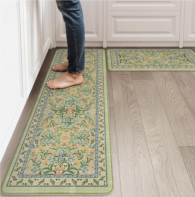Collive Green Kitchen Mats for Floor, Cushioned Anti Fatigue Mat Non Skid Waterproof Kitchen Rugs Set of 2, Beige Vintage Comfort Standing Desk Rug for Office, Sink, Laundry, 17"x30"+17"x59"