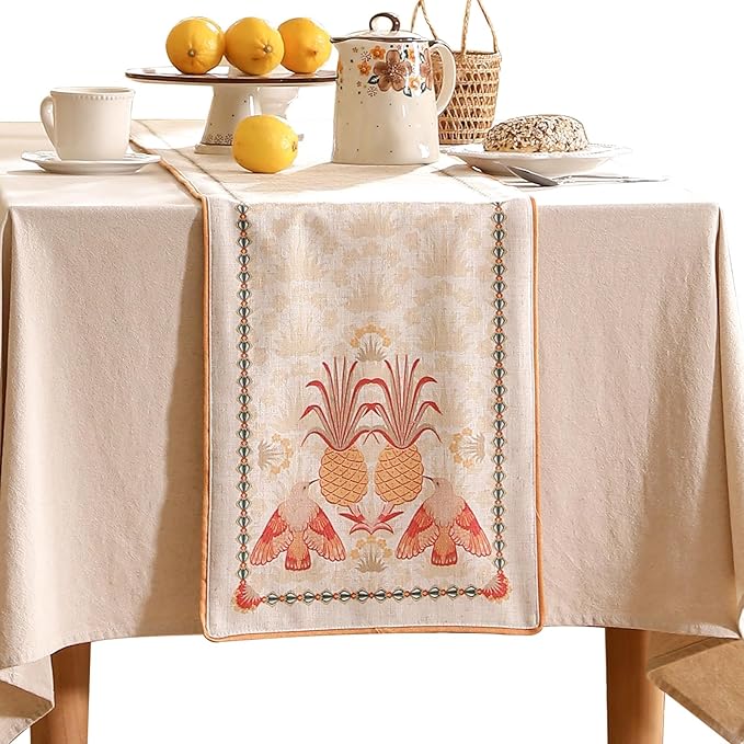 patdrea Designer Tropical Linen Table Runner 87 Inch Long, Yellow Vintage Elegant with Pineapple Pattern Table Mat,Decoration for Kitchen Dining Coffee Table Cover Banquet Christmas , 12"*87"