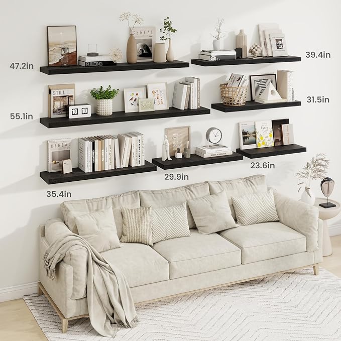 Fun Memories Floating Shelves for Wall, 30 Inch Rustic Wood Wall Mounted Shelves for Bathroom, Bedroom, Kitchen, Living Room, Deep Floating Shelves for Storage & Home Decor (Black, Set of 2)