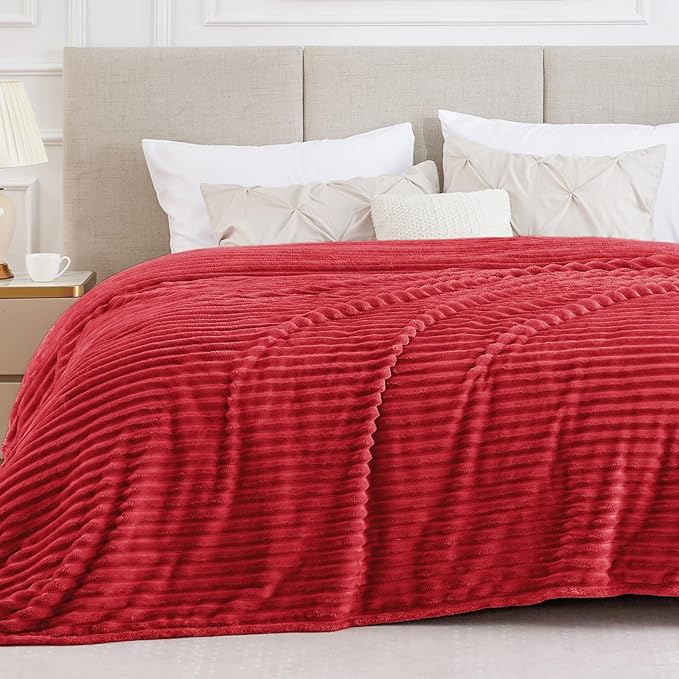 BEDELITE Blankets Queen Size for Bed, 300GSM Soft & Warm Fleece Blanket, Decorative and Giftable Striped Red Blankets for Women, Men, 90"x90"