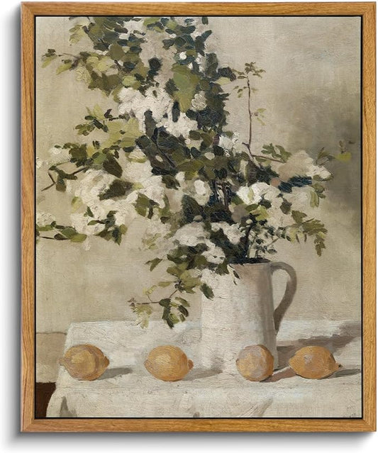 VIYYIEA Vintage Framed Canvas Wall Art, Kitchen Art Decor, Flowers and Lemons Pictures Painting, Vintage Farmhouse Country Decor for Dining Room Bathroom, 9"x11"