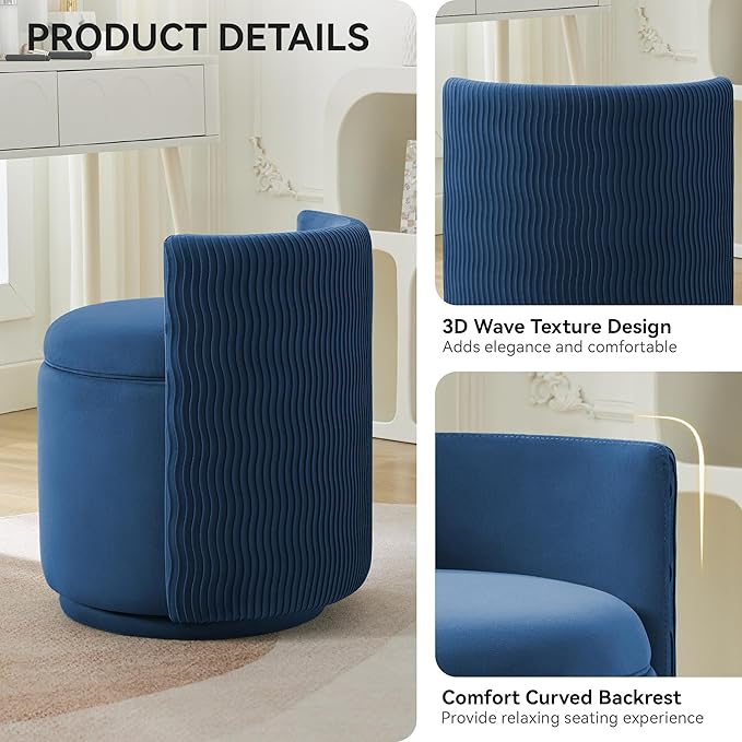 Velvet Vanity Chair with Storage, 360° Swivel Makeup Chair with Wave Back, No Assembly Small Accent Stool for Bedroom, Dressing, Living Room, Blue
