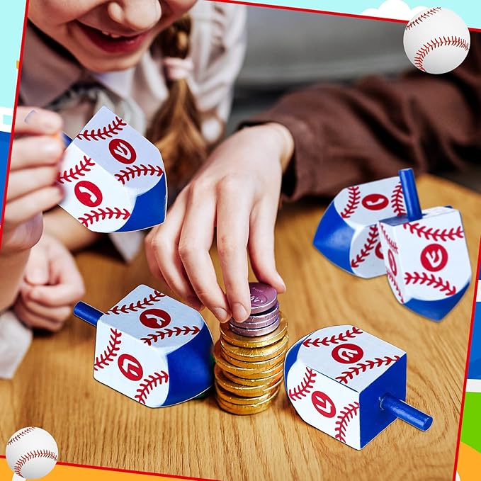 2 Pcs Hanukkah Dreidels Game Toy Extra Large Wooden Dreidel for Hanukkah Decoration with English Transliteration, Forever Spinning Tops Party Favors(Baseball)